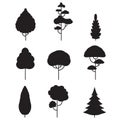 Tree icon set. Plant silhouettes in flat style. Different trees shape for landscape design. Forest and nature symbol. Vector Royalty Free Stock Photo